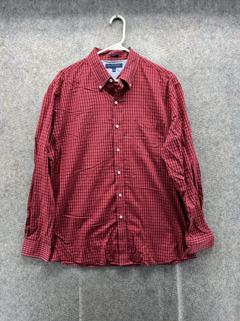 Tommy Hilfiger Dress Shirt Mens 17 34/35 Red Check Slim Fit Long Sleeve